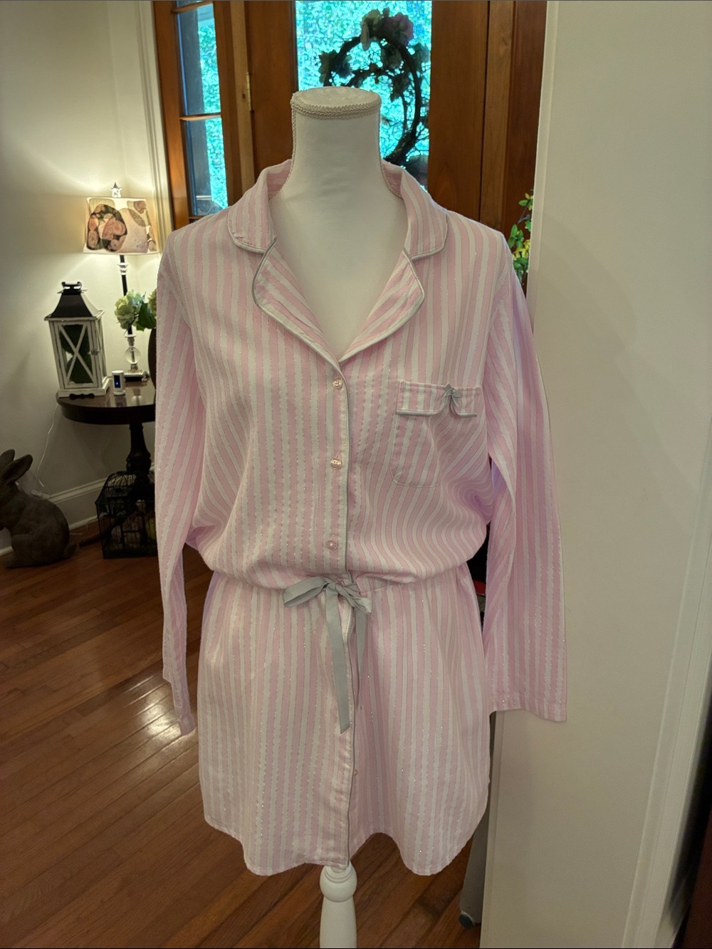 Victoria's Secret Pink/White Striped Button-Front Sleep Shirt/Waist Tie Size M